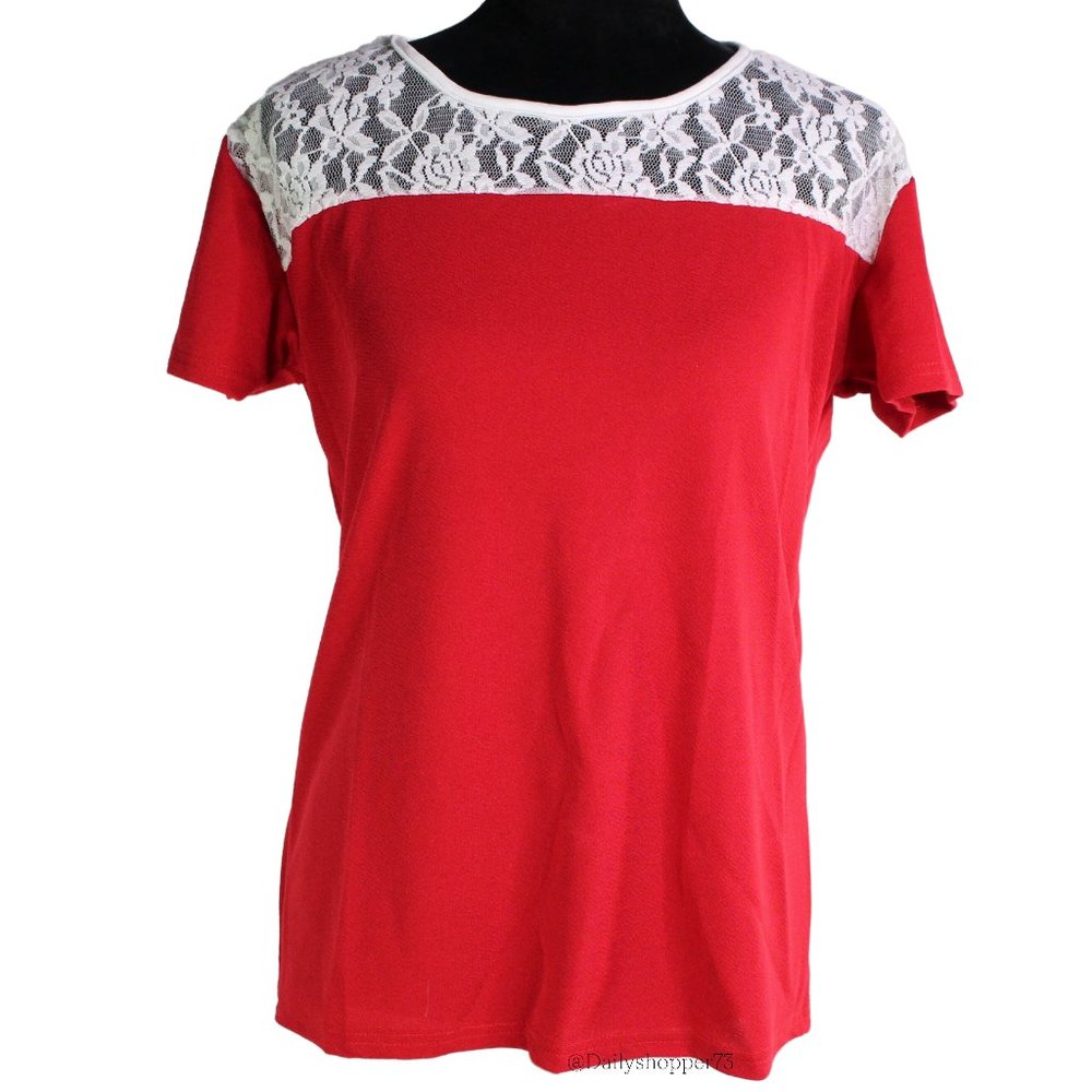 Women's Lace Yoke Red Short Sleeve Shirt